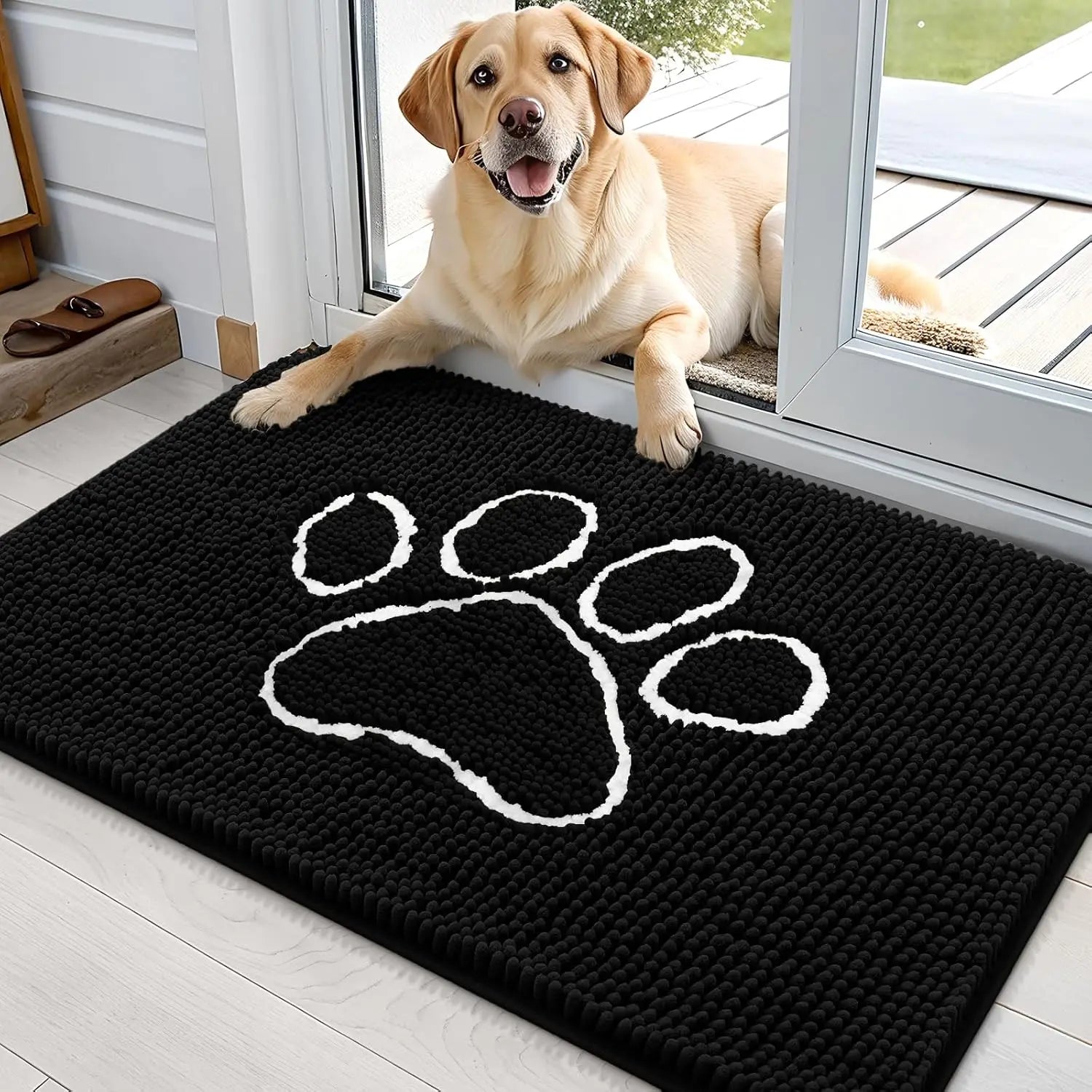 OLANLY OLANLY Ultra Absorbent Chenille Door Mat For Pets 24x16 Inches Non Slip Washable Entryway Mat Beige Paw Print Design - Animals & Pet Supplies > Pet Supplies