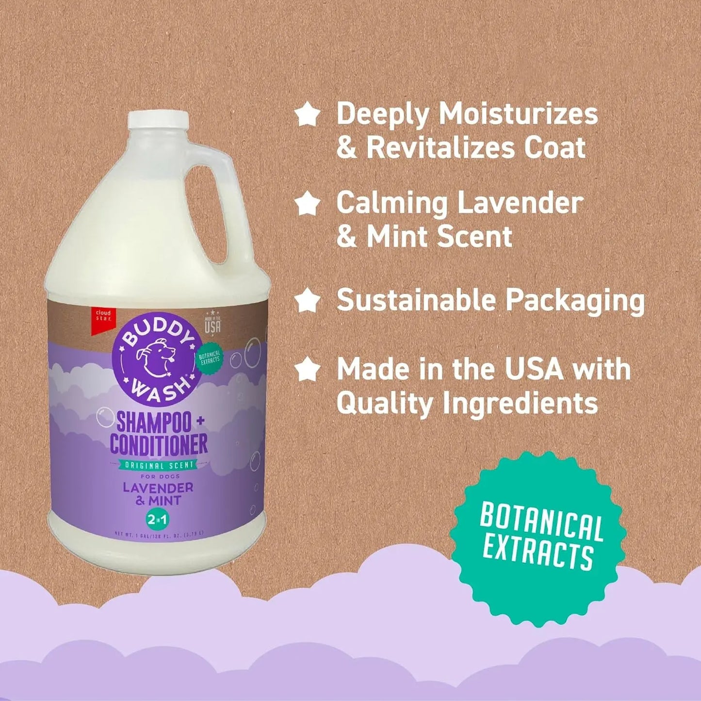 Buddy Wash 2-In-1 Dog Shampoo and Conditioner for Dog Grooming, Lavender & Mint, 1 Gal. Bottle Excel Pets