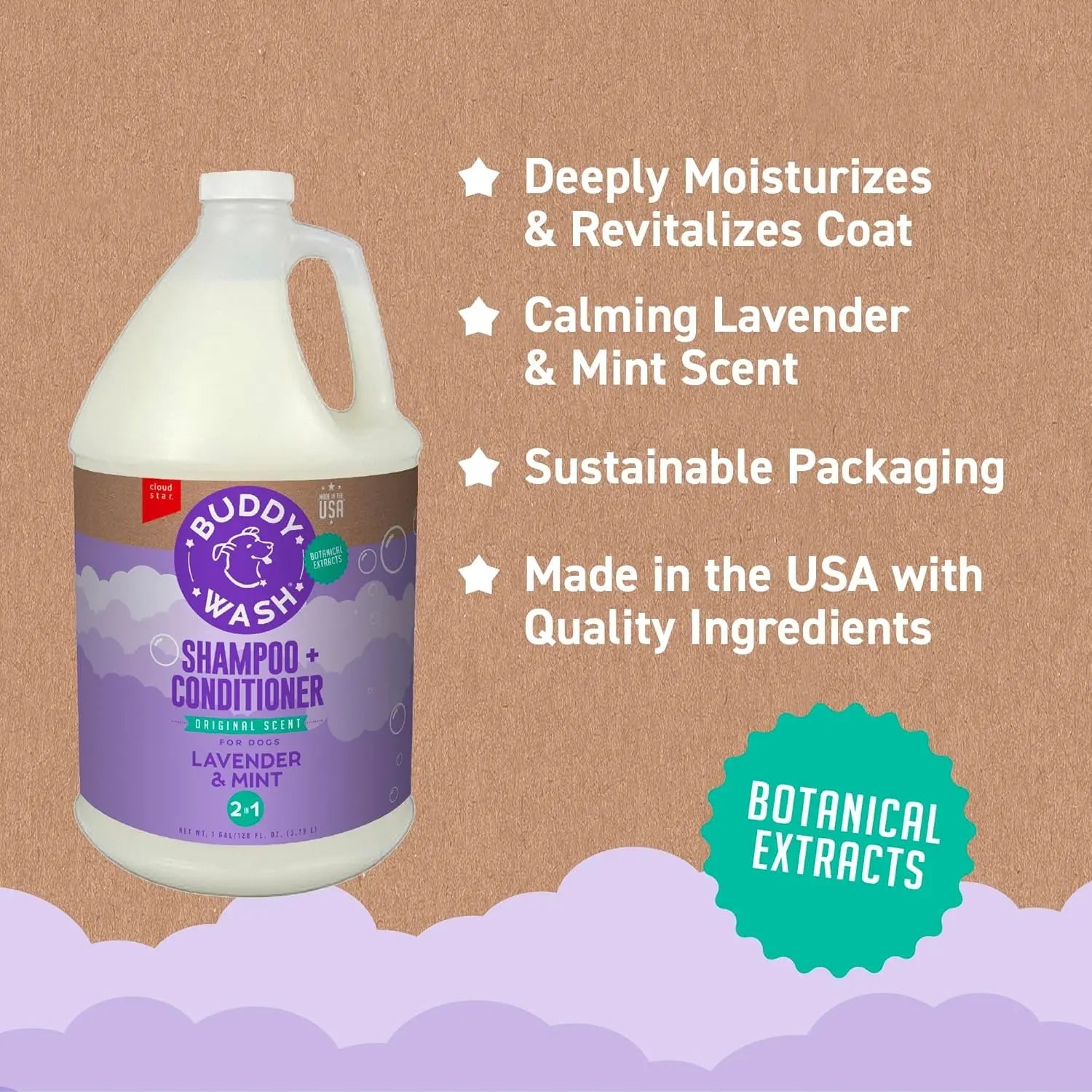 Buddy Wash 2-In-1 Dog Shampoo and Conditioner for Dog Grooming, Lavender & Mint, 1 Gal. Bottle Excel Pets
