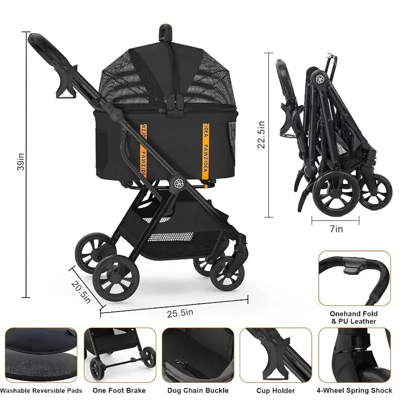 Pet Stroller 4 in 1, Dog Strollers for Small/Medium Dogs/Cats with Detachable Carrier No-Zip Canopy, Seatbelt Puppy Car Does not apply