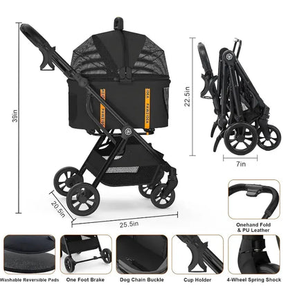 pawzidea 4 In 1 Pet Stroller For Small Dogs And Cats With Detachable Carrier No Zip Canopy Foldable Eco Friendly Jogger - Animals & Pet Supplies > Pet Supplies > Pet Strollers > Jogging Strollers Dog