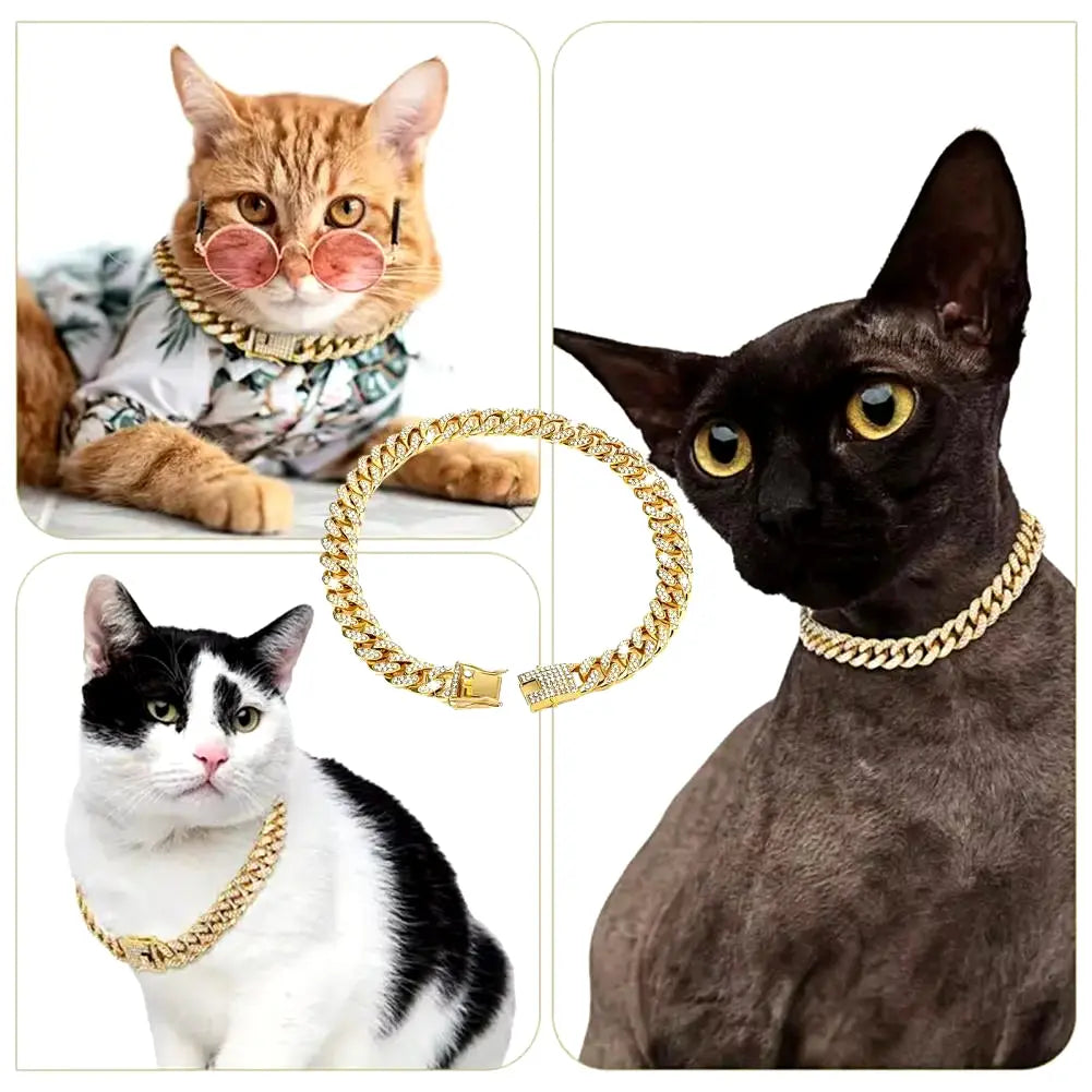 Dog Collar Sparkling Rhinestone Chain Collar for Small Medium Dogs Metal Cat Necklace with Gold Link Pet Jewelry Accessories Excel Pets