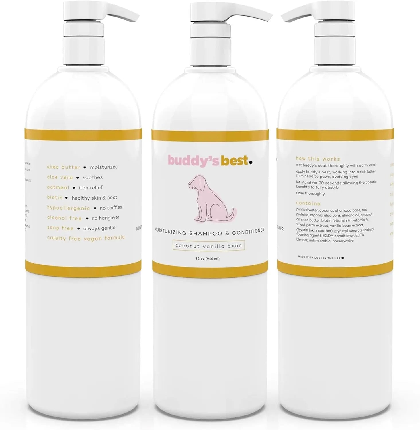 Transform Bath Time with Buddy's Best Dog Shampoo & Conditioner - Oatmeal Formula for Nourishing Sensitive Skin, Coconut Vanilla Scent, 32oz Buddy's Best