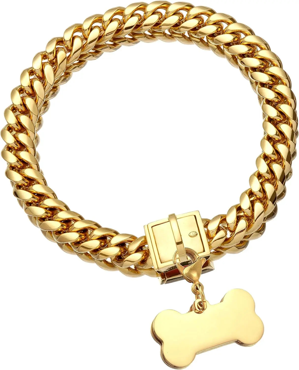 Jewelry Kingdom 1 Premium Gold Dog Chain Collar with ID Tag - Heavy Duty 18K Stainless Steel Cuban Link Chain for Strong and Stylish Dogs Jewelry Kingdom 1