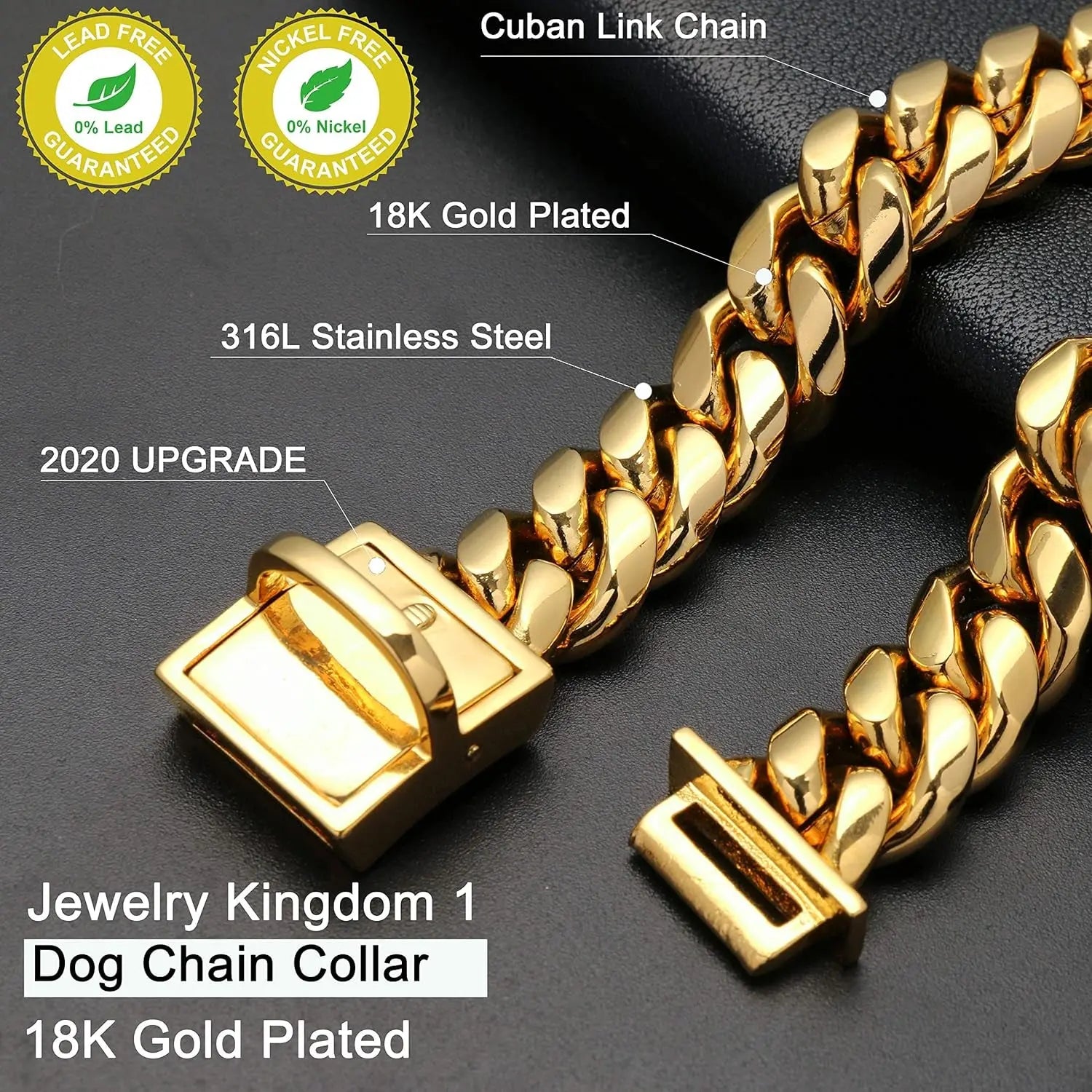 Jewelry Kingdom 1 Premium Gold Dog Chain Collar with ID Tag - Heavy Duty 18K Stainless Steel Cuban Link Chain for Strong and Stylish Dogs Jewelry Kingdom 1