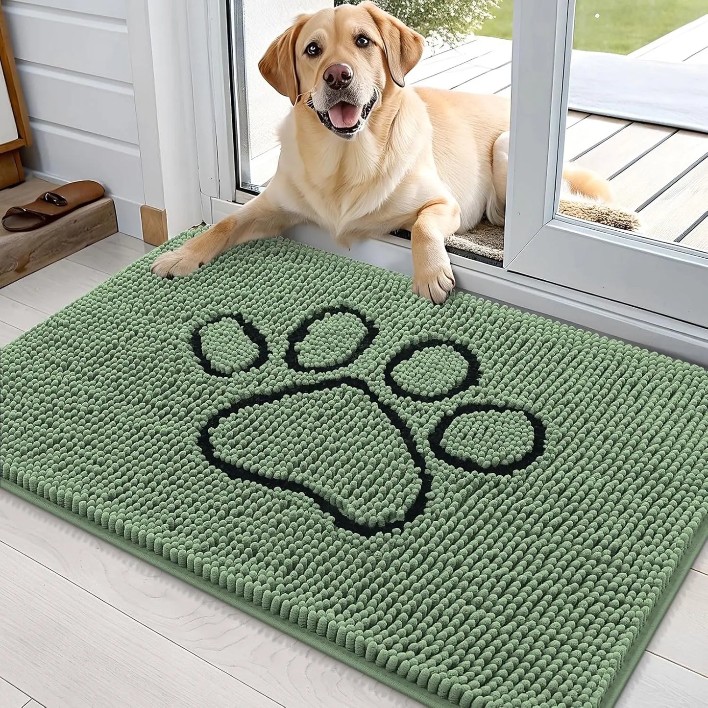 OLANLY Ultra Absorbent Chenille Door Mat for Pets - 24x16 Inches Non-Slip Washable Entryway Mat with Charming Paw Print Design and Quick-Dry Features in Beige OLANLY