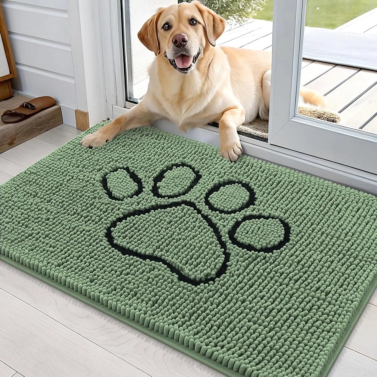 OLANLY OLANLY Ultra Absorbent Chenille Door Mat For Pets 24x16 Inches Non Slip Washable Entryway Mat Beige Paw Print Design - Animals & Pet Supplies > Pet Supplies