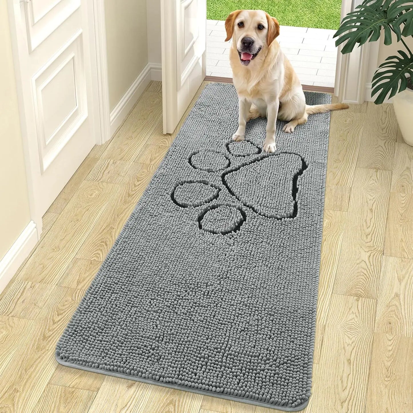 OLANLY Ultra Absorbent Chenille Door Mat for Pets - 24x16 Inches Non-Slip Washable Entryway Mat with Charming Paw Print Design and Quick-Dry Features in Beige OLANLY