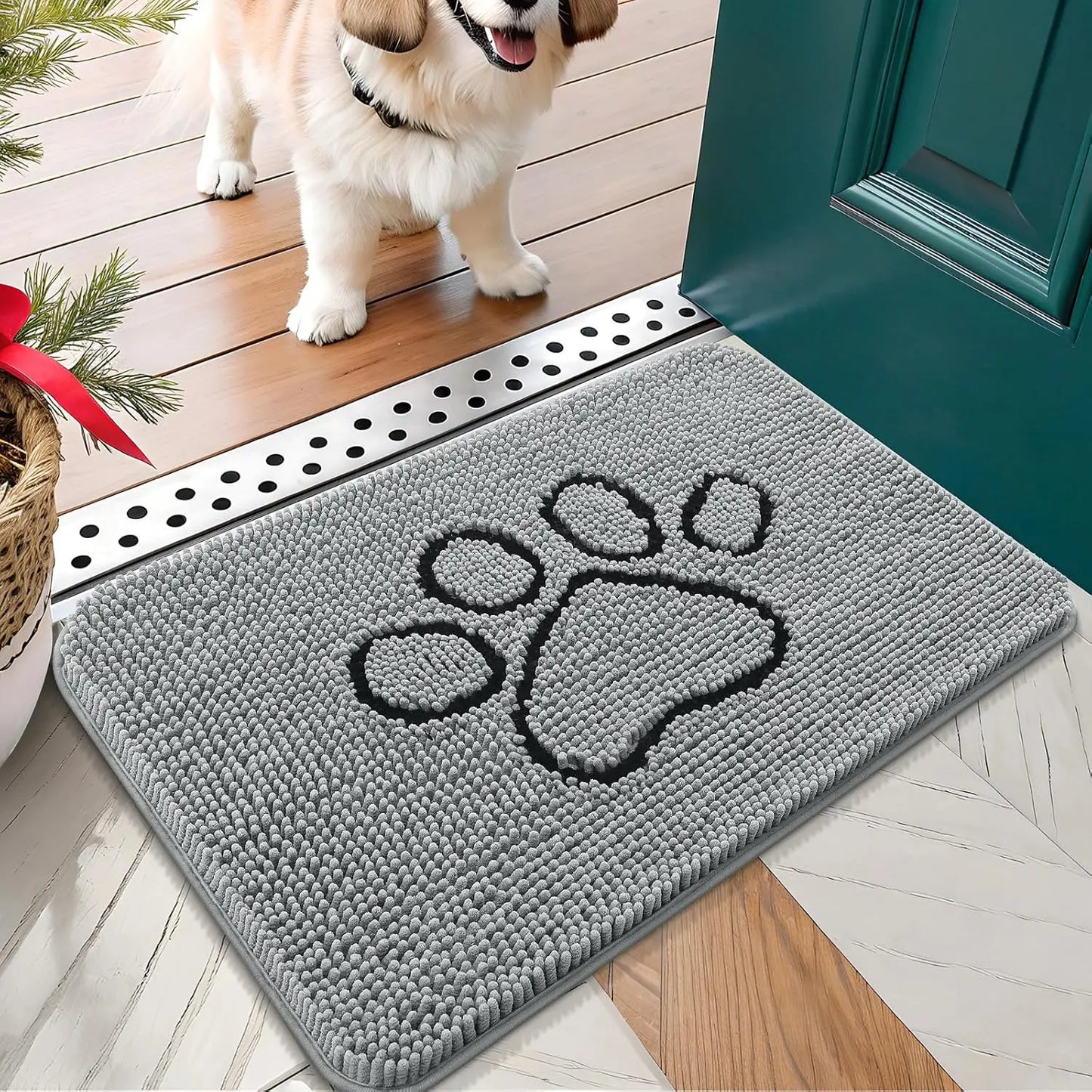 OLANLY Ultra Absorbent Chenille Door Mat for Pets - 24x16 Inches Non-Slip Washable Entryway Mat with Charming Paw Print Design and Quick-Dry Features in Beige OLANLY