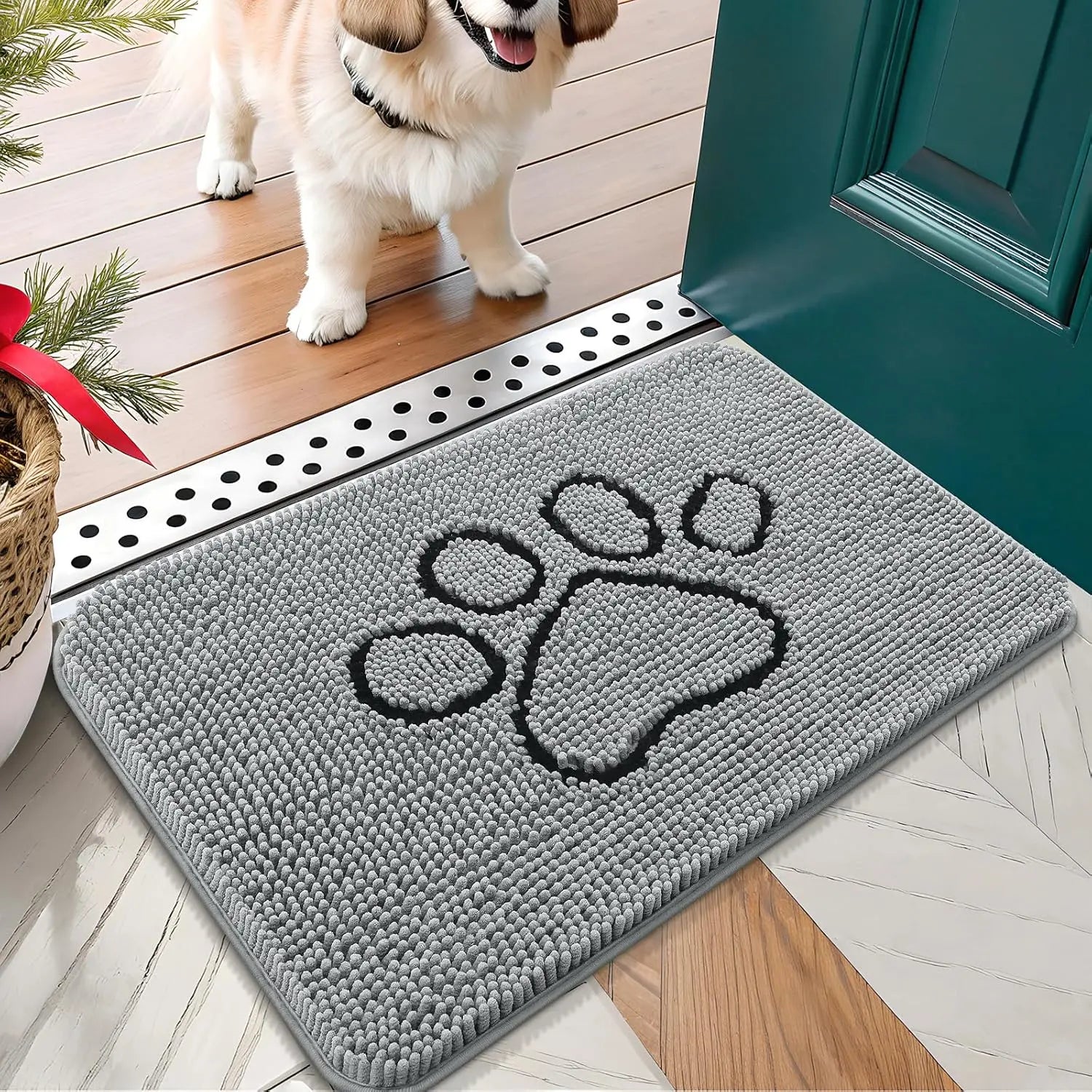 OLANLY OLANLY Ultra Absorbent Chenille Door Mat For Pets 24x16 Inches Non Slip Washable Entryway Mat Beige Paw Print Design - Animals & Pet Supplies > Pet Supplies