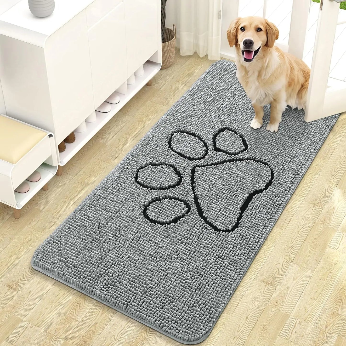 OLANLY Ultra Absorbent Chenille Door Mat for Pets - 24x16 Inches Non-Slip Washable Entryway Mat with Charming Paw Print Design and Quick-Dry Features in Beige OLANLY