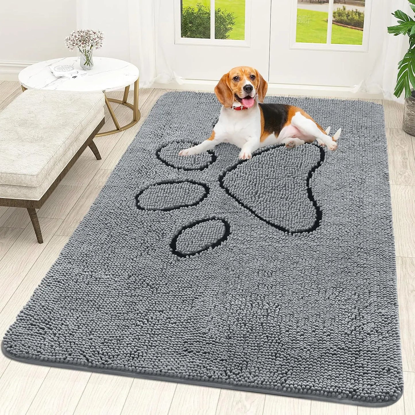 OLANLY Ultra Absorbent Chenille Door Mat for Pets - 24x16 Inches Non-Slip Washable Entryway Mat with Charming Paw Print Design and Quick-Dry Features in Beige OLANLY