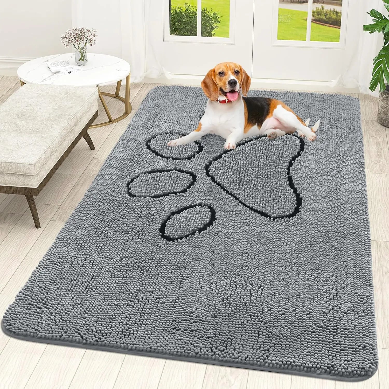 OLANLY OLANLY Ultra Absorbent Chenille Door Mat For Pets 24x16 Inches Non Slip Washable Entryway Mat Beige Paw Print Design - Animals & Pet Supplies > Pet Supplies