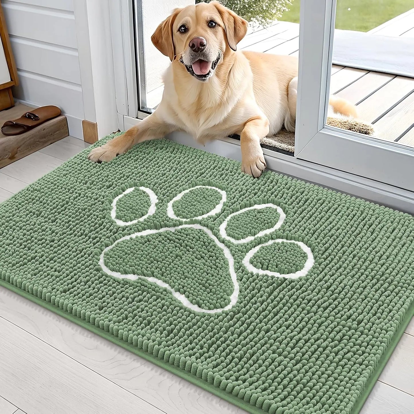 OLANLY Ultra Absorbent Chenille Door Mat for Pets - 24x16 Inches Non-Slip Washable Entryway Mat with Charming Paw Print Design and Quick-Dry Features in Beige OLANLY