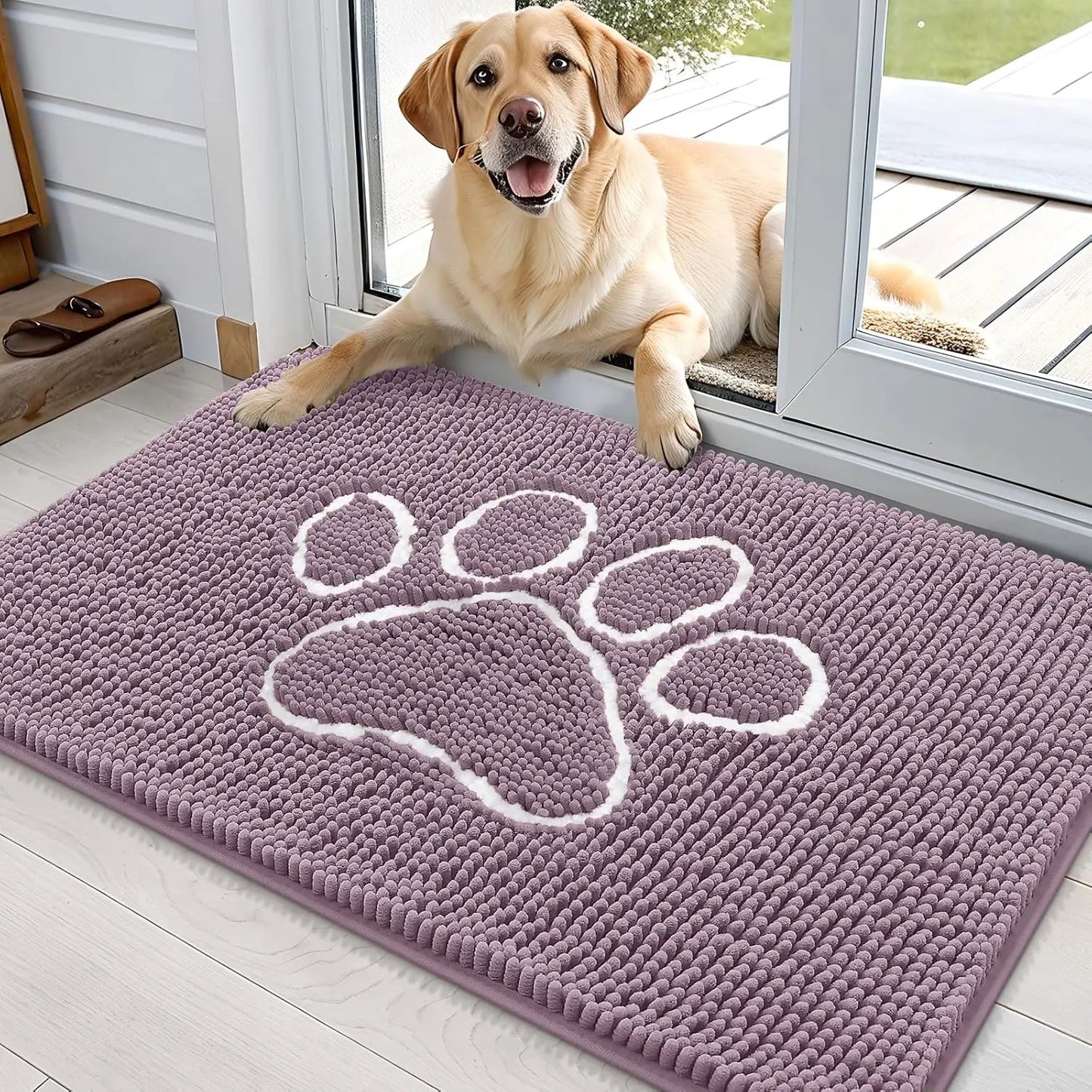 OLANLY Ultra Absorbent Chenille Door Mat for Pets - 24x16 Inches Non-Slip Washable Entryway Mat with Charming Paw Print Design and Quick-Dry Features in Beige OLANLY