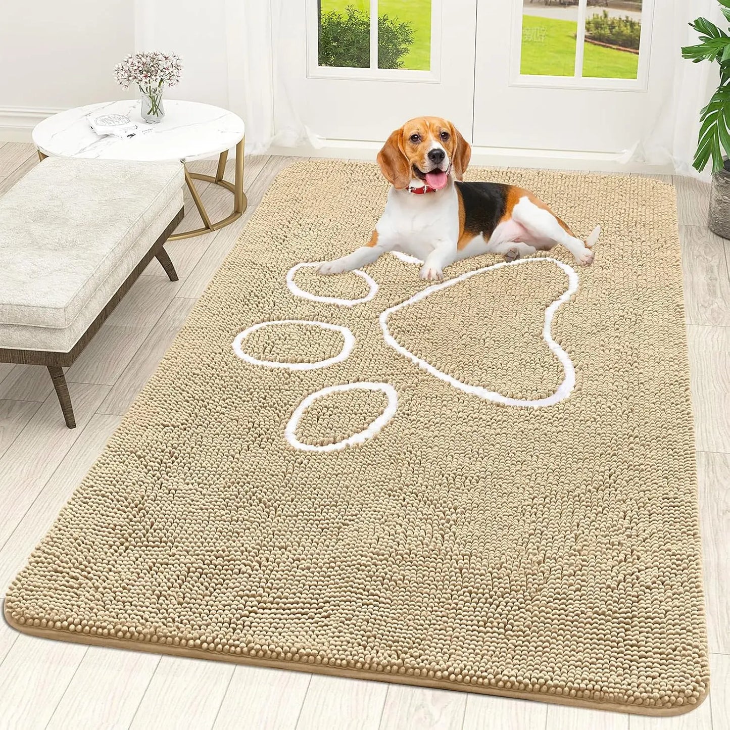 OLANLY Ultra Absorbent Chenille Door Mat for Pets - 24x16 Inches Non-Slip Washable Entryway Mat with Charming Paw Print Design and Quick-Dry Features in Beige OLANLY