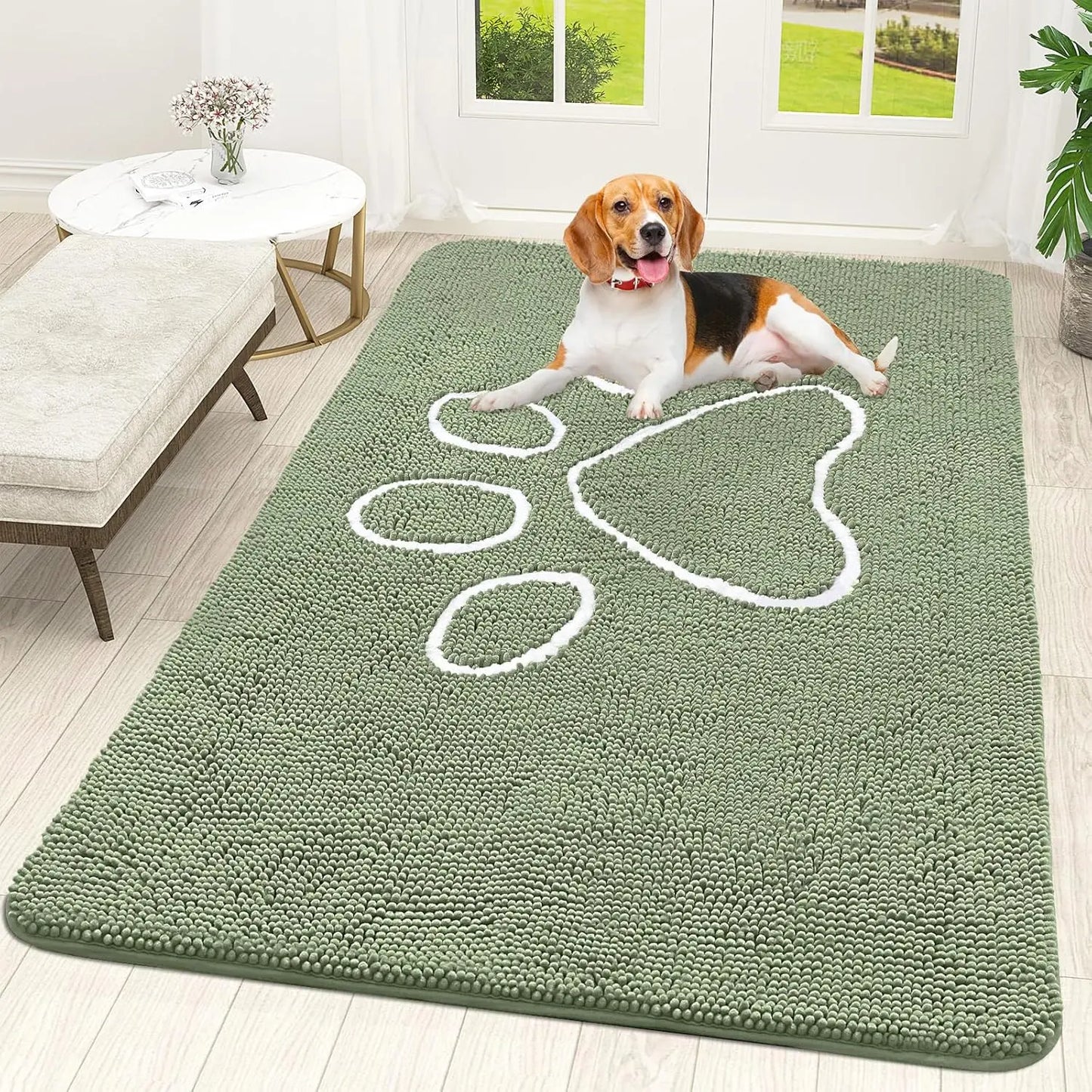OLANLY Ultra Absorbent Chenille Door Mat for Pets - 24x16 Inches Non-Slip Washable Entryway Mat with Charming Paw Print Design and Quick-Dry Features in Beige OLANLY