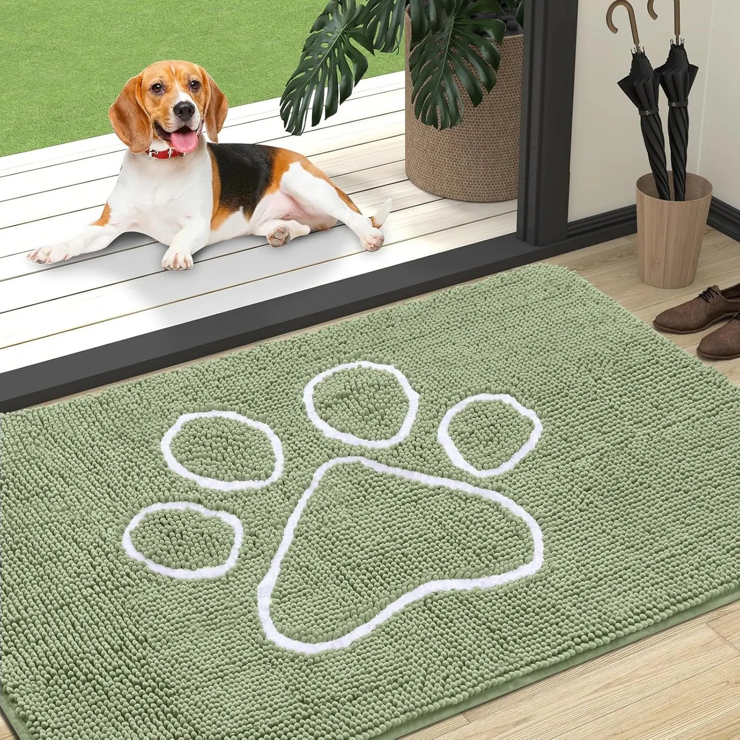 OLANLY Ultra Absorbent Chenille Door Mat for Pets - 24x16 Inches Non-Slip Washable Entryway Mat with Charming Paw Print Design and Quick-Dry Features in Beige OLANLY
