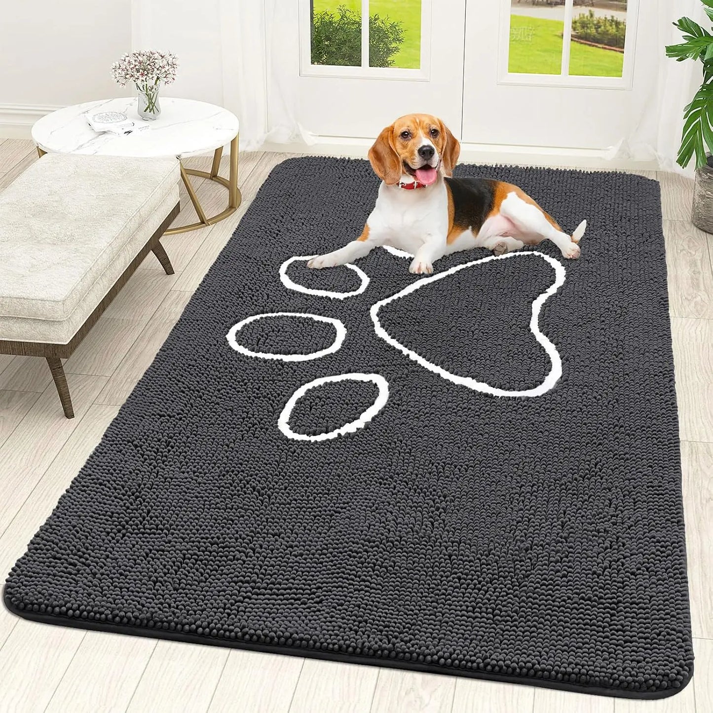 OLANLY Ultra Absorbent Chenille Door Mat for Pets - 24x16 Inches Non-Slip Washable Entryway Mat with Charming Paw Print Design and Quick-Dry Features in Beige OLANLY