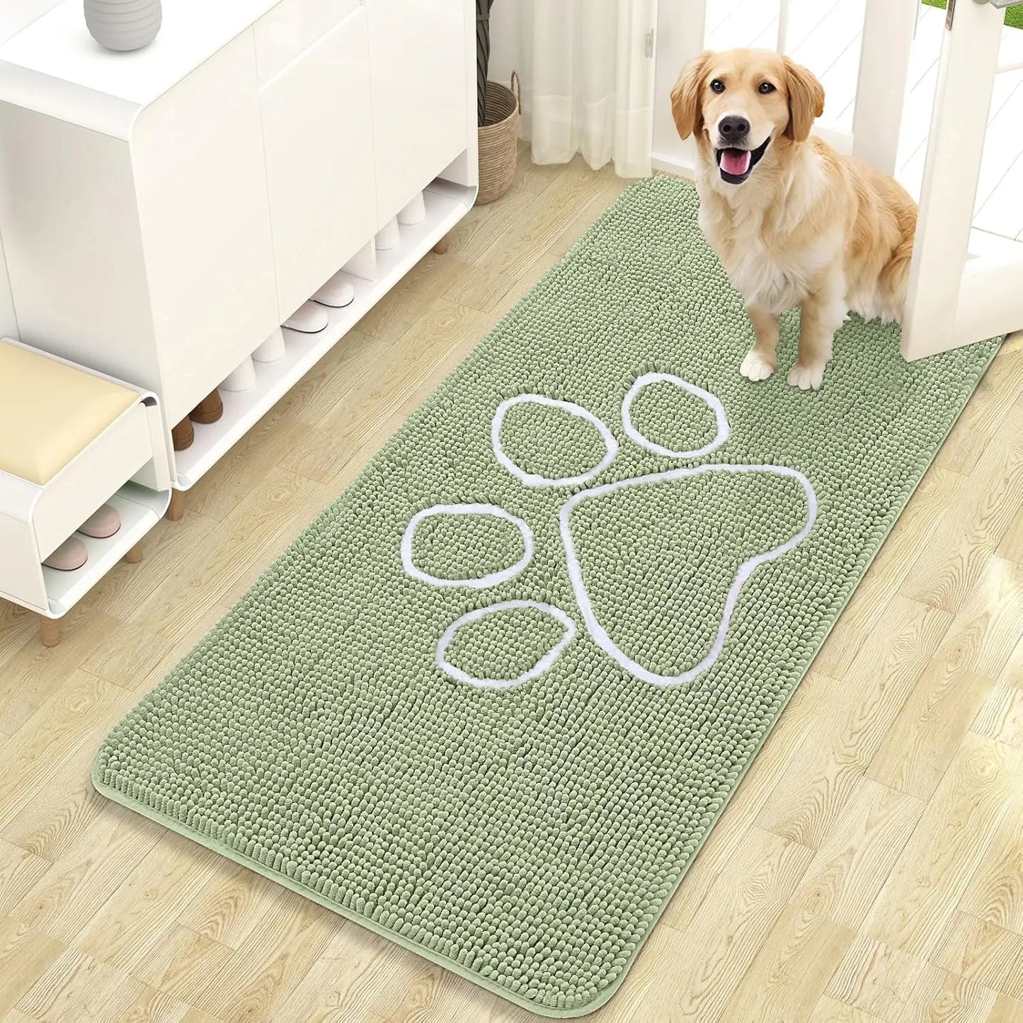 OLANLY Ultra Absorbent Chenille Door Mat for Pets - 24x16 Inches Non-Slip Washable Entryway Mat with Charming Paw Print Design and Quick-Dry Features in Beige OLANLY