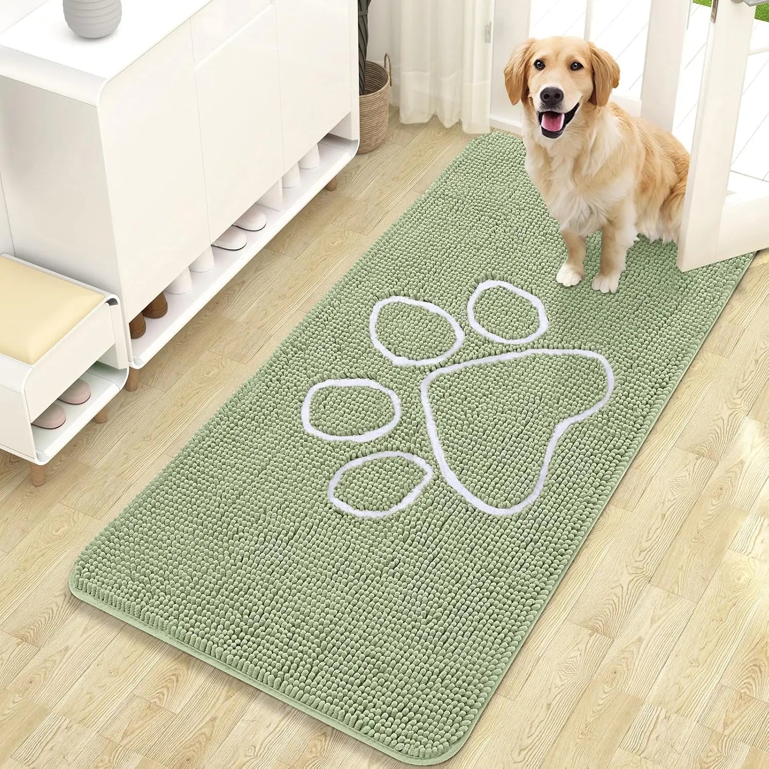 OLANLY OLANLY Ultra Absorbent Chenille Door Mat For Pets 24x16 Inches Non Slip Washable Entryway Mat Beige Paw Print Design - Animals & Pet Supplies > Pet Supplies