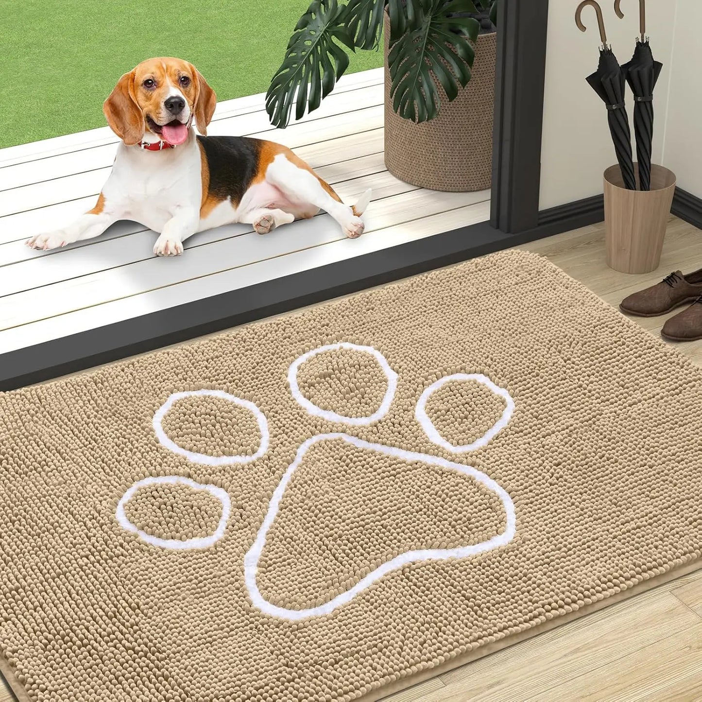 OLANLY Ultra Absorbent Chenille Door Mat for Pets - 24x16 Inches Non-Slip Washable Entryway Mat with Charming Paw Print Design and Quick-Dry Features in Beige OLANLY