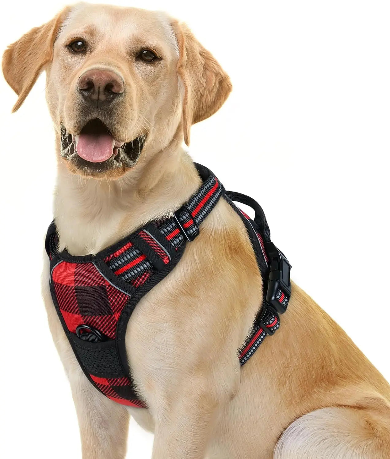 GLOBEGOU CO.,LTD Rabbitgoo Large Dog Harness No Pull Adjustable Soft Padded Vest Reflective Oxford Material Red Plaid Dual Leash Clips - Animals & Pet Supplies > Pet Supplies > Pet Collars & Harnesses Dog