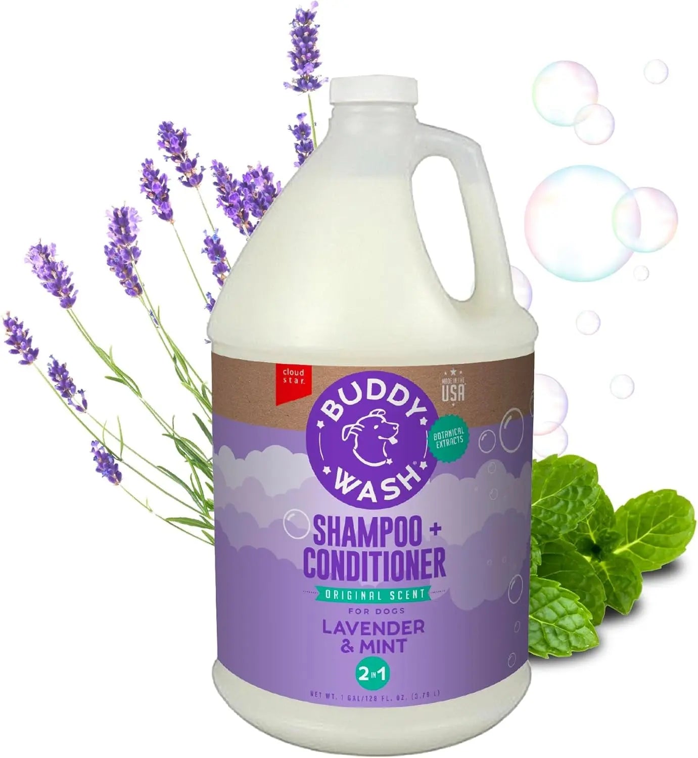 Buddy Wash 2-In-1 Dog Shampoo and Conditioner for Dog Grooming, Lavender & Mint, 1 Gal. Bottle Excel Pets
