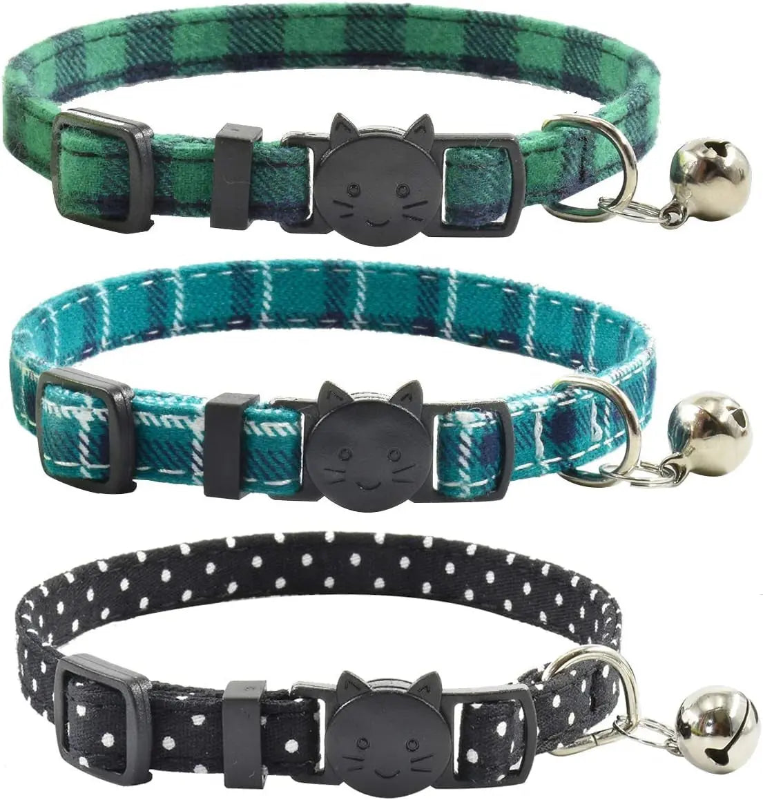 Durable Breakaway Cat Collars with Bell - Set of 3 Adjustable Safety Collars for Kittens and Puppies (7.5-11 inches, Green, Cyan, Black) xpangle