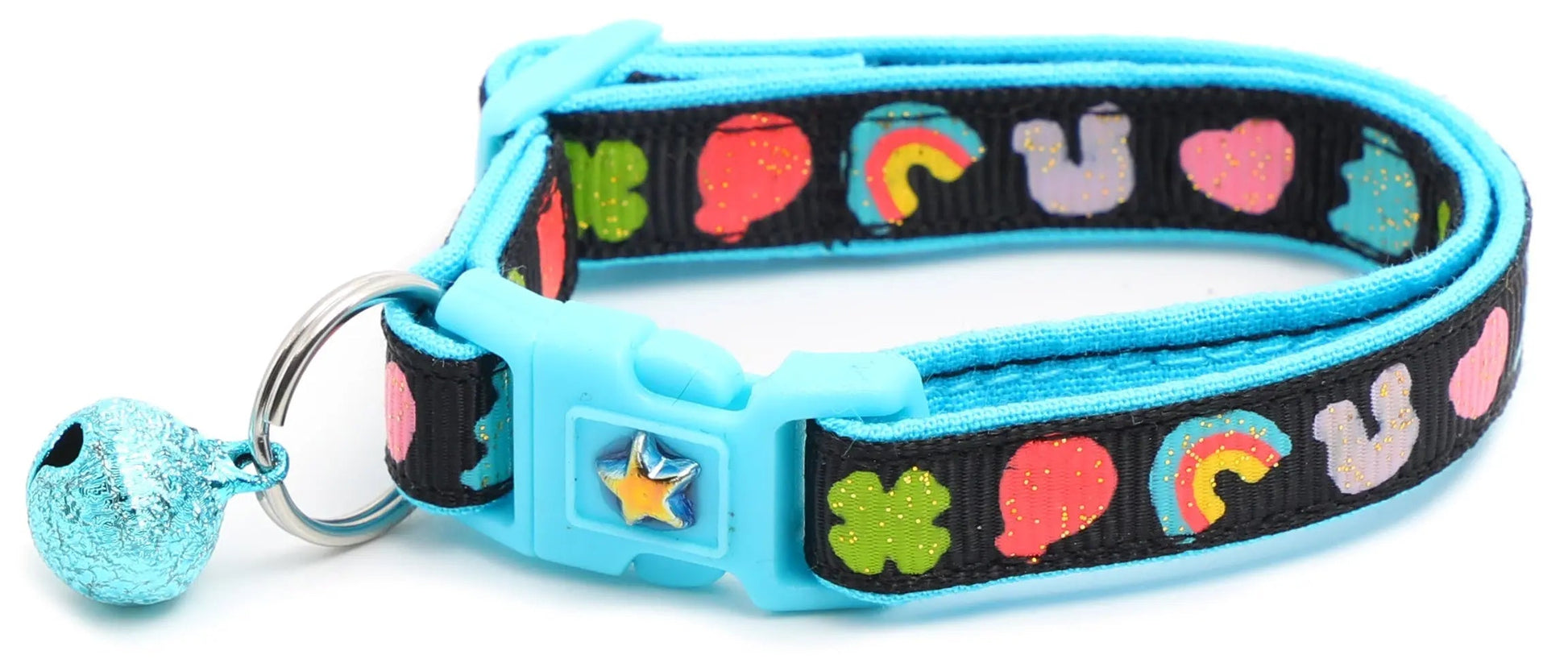 Cereal Marshmallows Breakaway Cat Collar with bell and colorful pattern on reinforced cotton strap