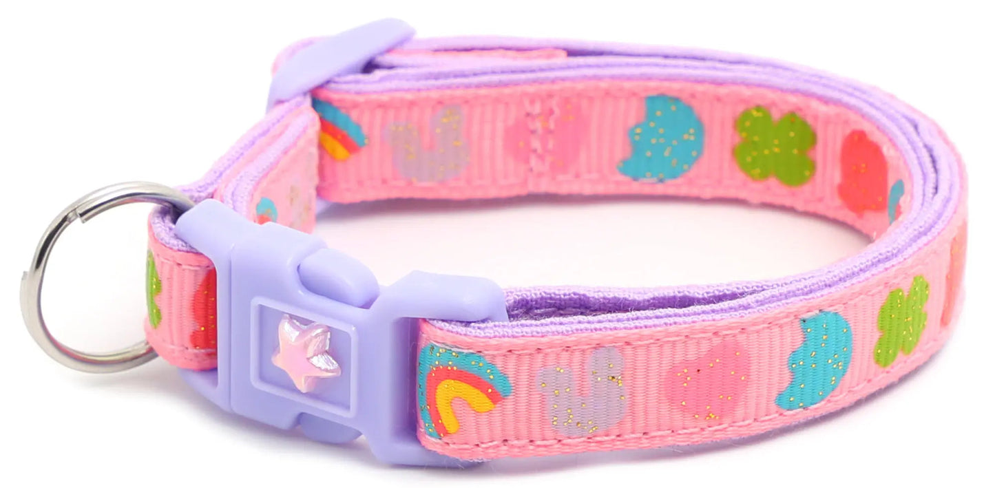 Pink Cereal Marshmallows Breakaway Cat Collar with purple buckle and colorful patterns
