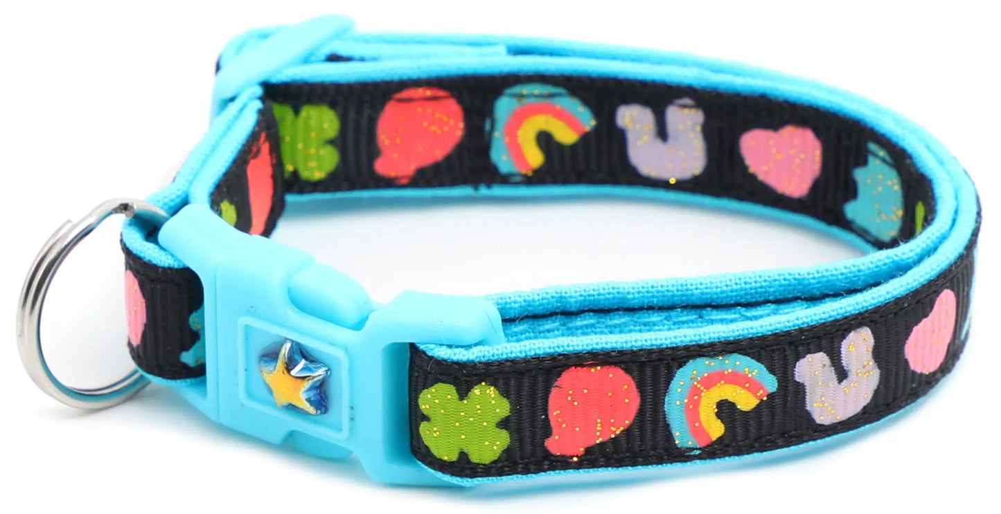 Cereal Marshmallows breakaway cat collar with colorful design and blue clasp