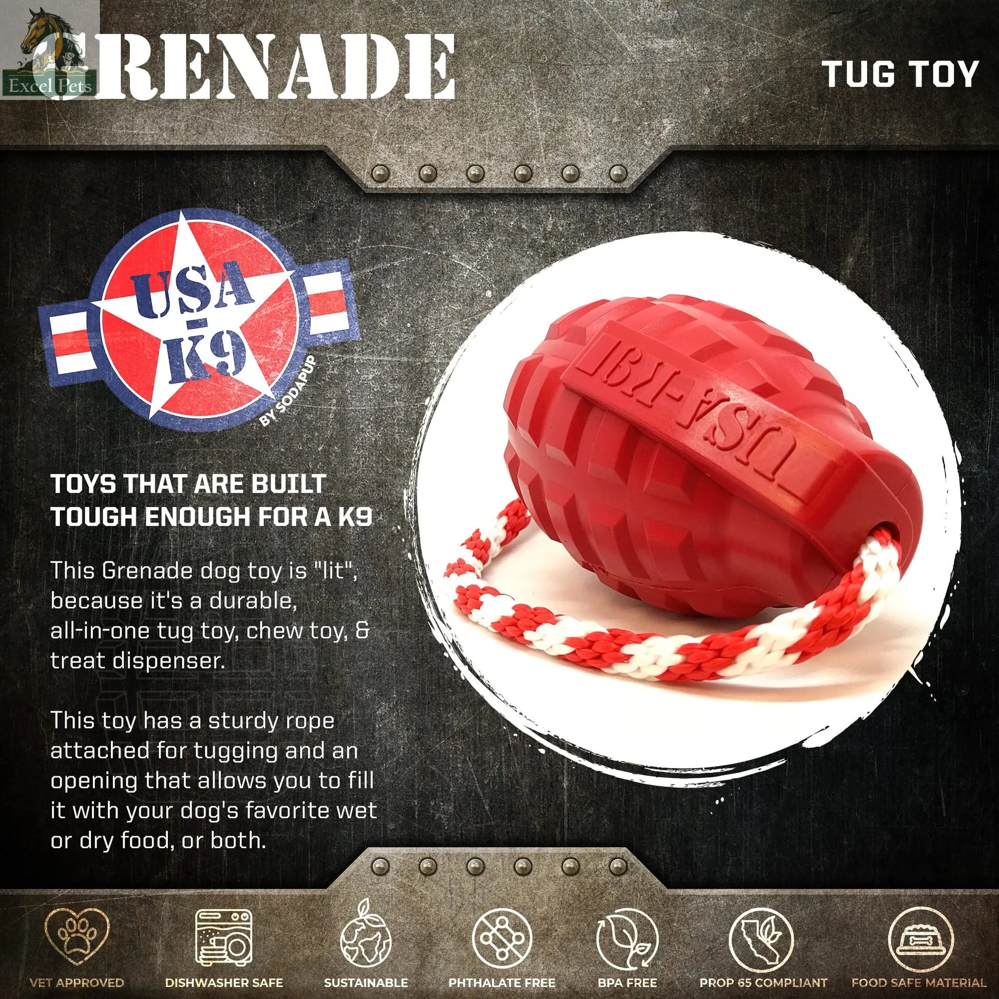 USA-K9 Grenade Rubber Dog Chew Toy | K9 Handler Reward Toy | Blue | USA Made SodaPup/True Dogs, LLC