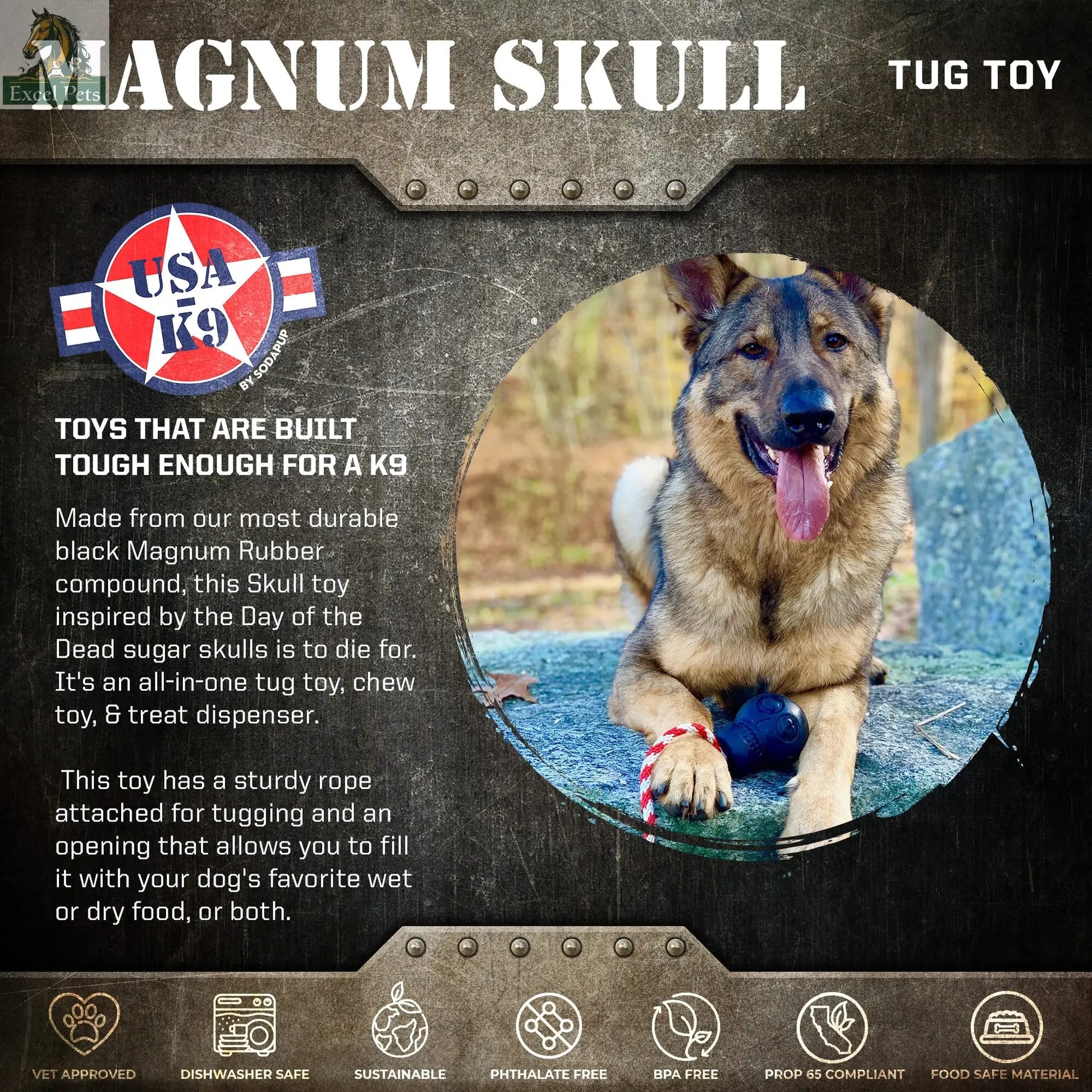 USA-K9 Magnum Skull - Black Magnum Rubber Chew Toy for Extreme Chewers | USA Made SodaPup/True Dogs, LLC