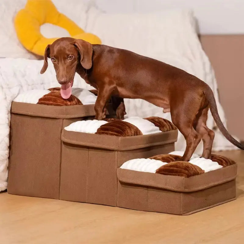 Brown dachshund climbing foldable chessboard plaid dog stairs with cushioned top and hidden storage, designed for small to medium dogs and easy access to furniture.