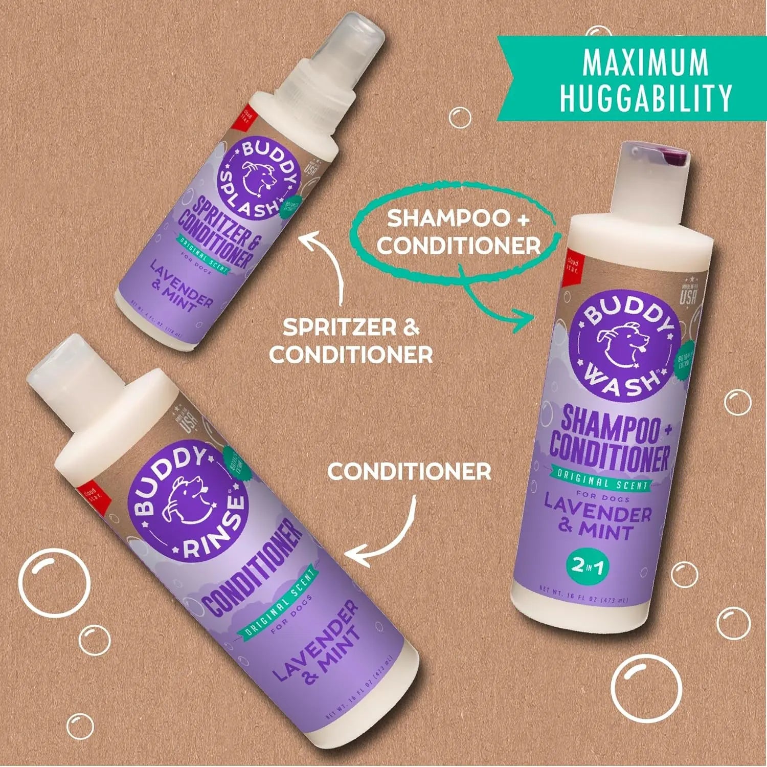 Buddy Wash 2-In-1 Dog Shampoo and Conditioner for Dog Grooming, Lavender & Mint, 1 Gal. Bottle Excel Pets