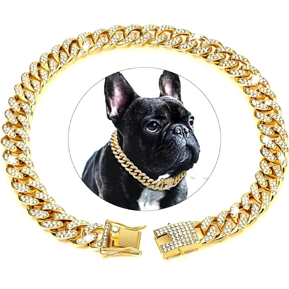 Dog Collar Sparkling Rhinestone Chain Collar for Small Medium Dogs Metal Cat Necklace with Gold Link Pet Jewelry Accessories Excel Pets