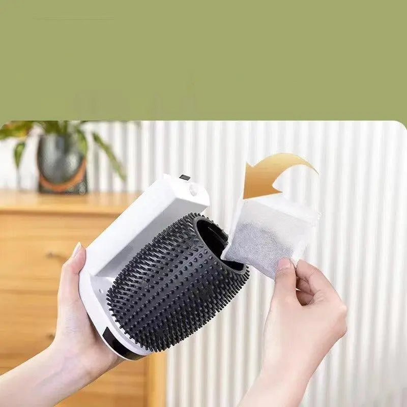 Ultimate Cat Spa Corner Groomer white self-grooming cat brush with black massage bristles and removable compartment for catnip