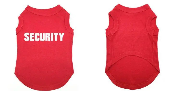 Red casual printed pet T-shirt with "SECURITY" text for dogs, made of polyester and cotton blend.