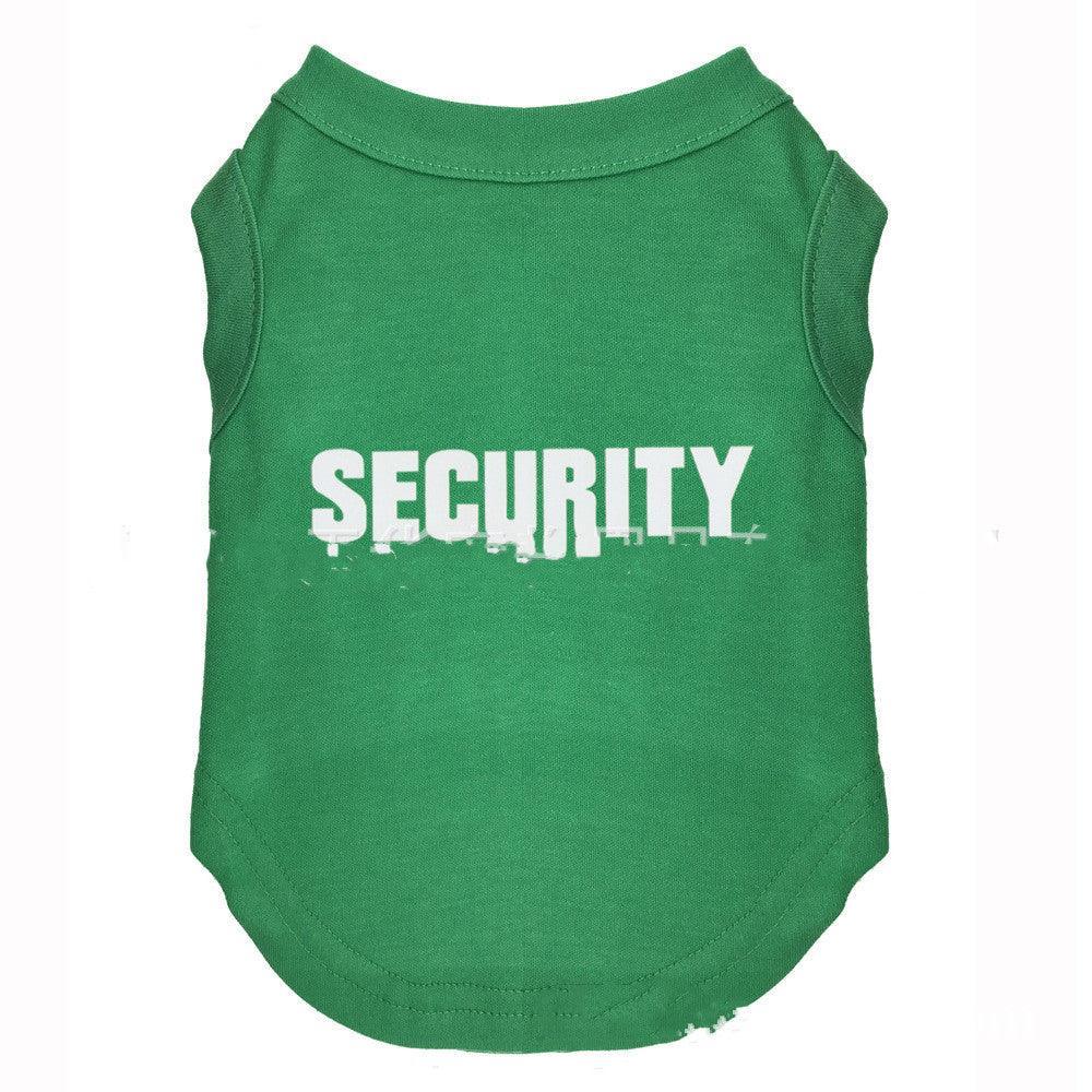 Green casual printed pet t-shirt with "SECURITY" text for dogs, made of polyester and cotton blend.