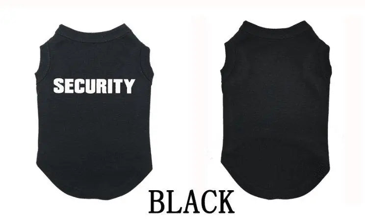 Black Casual Printed Pet T-Shirt for dogs with "SECURITY" text, polyester-cotton blend, stylish and comfortable