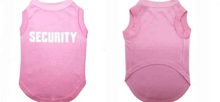 Pink casual printed pet T-shirt for dogs with "SECURITY" text, polyester and cotton blend, sleeveless design.
