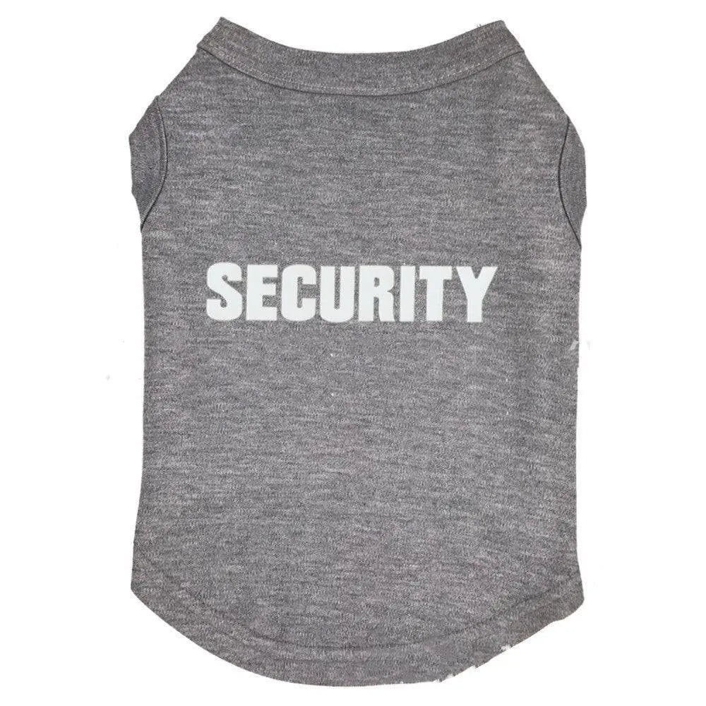 Grey casual printed pet t-shirt with "SECURITY" text for dogs, made of polyester and cotton blend