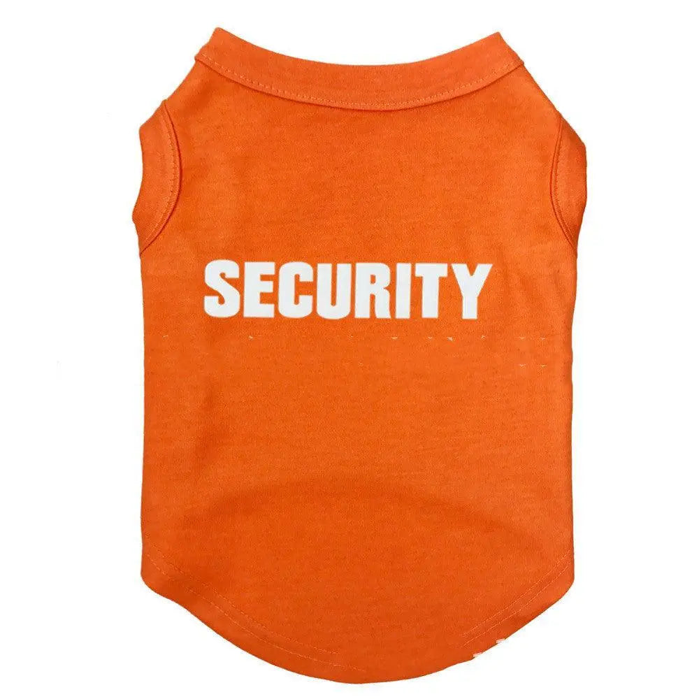 Orange casual printed pet T-shirt for dogs with "SECURITY" text in white, made of polyester and cotton blend.