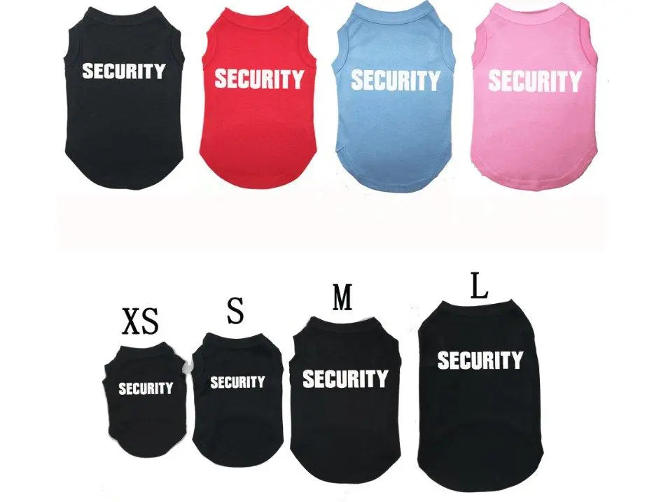 Casual Printed Pet T-Shirt for dogs in vibrant colors with "SECURITY" print, available in multiple sizes from XS to L.