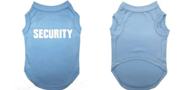 Blue casual printed pet T-shirt with "SECURITY" text for dogs, polyester cotton blend.