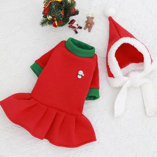 Cozy Canine Christmas Sweater red and green festive dog dress with holiday-themed hat