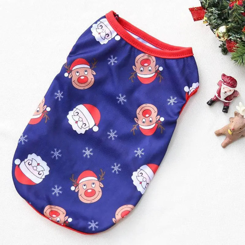 Cozy Canine Christmas Sweater with festive Santa and reindeer print on blue cloth, red trim, holiday pet apparel