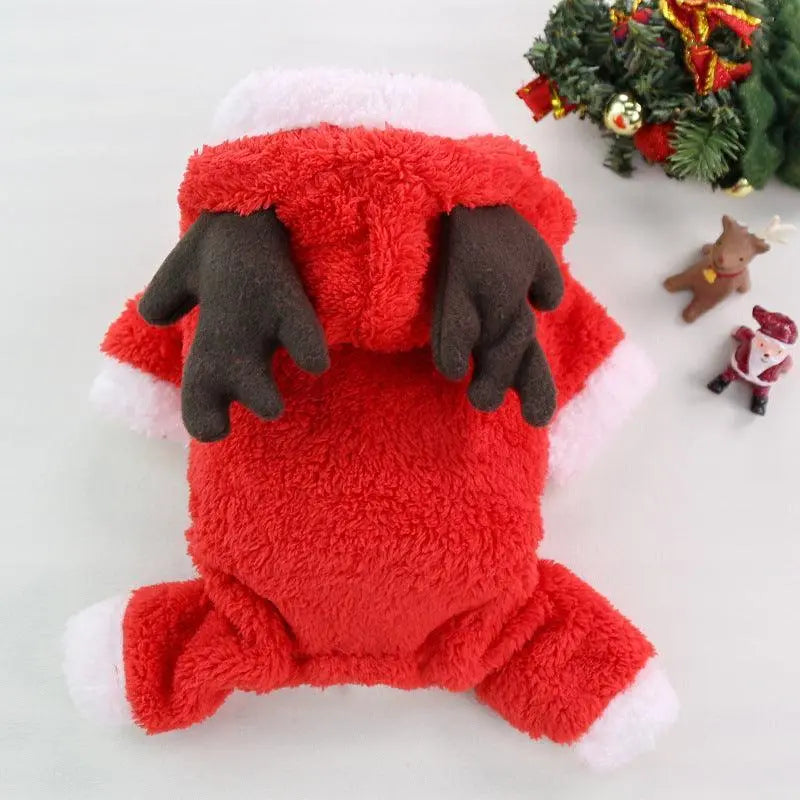 Red Cozy Canine Christmas Sweater with brown reindeer antlers and white fur trim for dogs, festive pet apparel for holidays