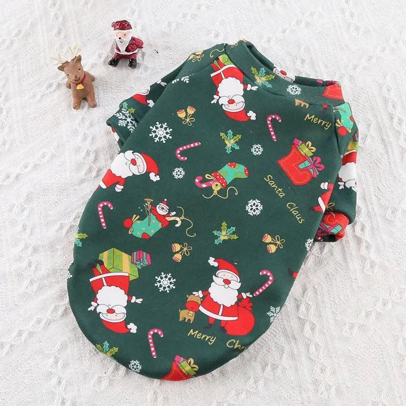 green Cozy Canine Christmas Sweater with Santa Claus and holiday patterns for dogs